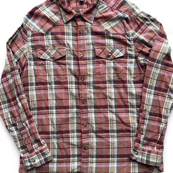 Eddie Bauer Western Pearl Snap Button Plaid Men's Large Long Sleeve Flannel - Picture 1 of 6